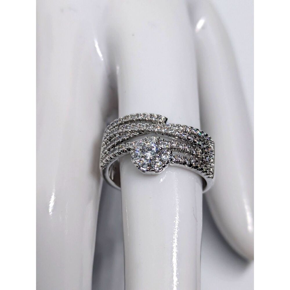 Women's Silver Multi Row CZ Layered Crossover Cluster Pavé Band ring in size 8